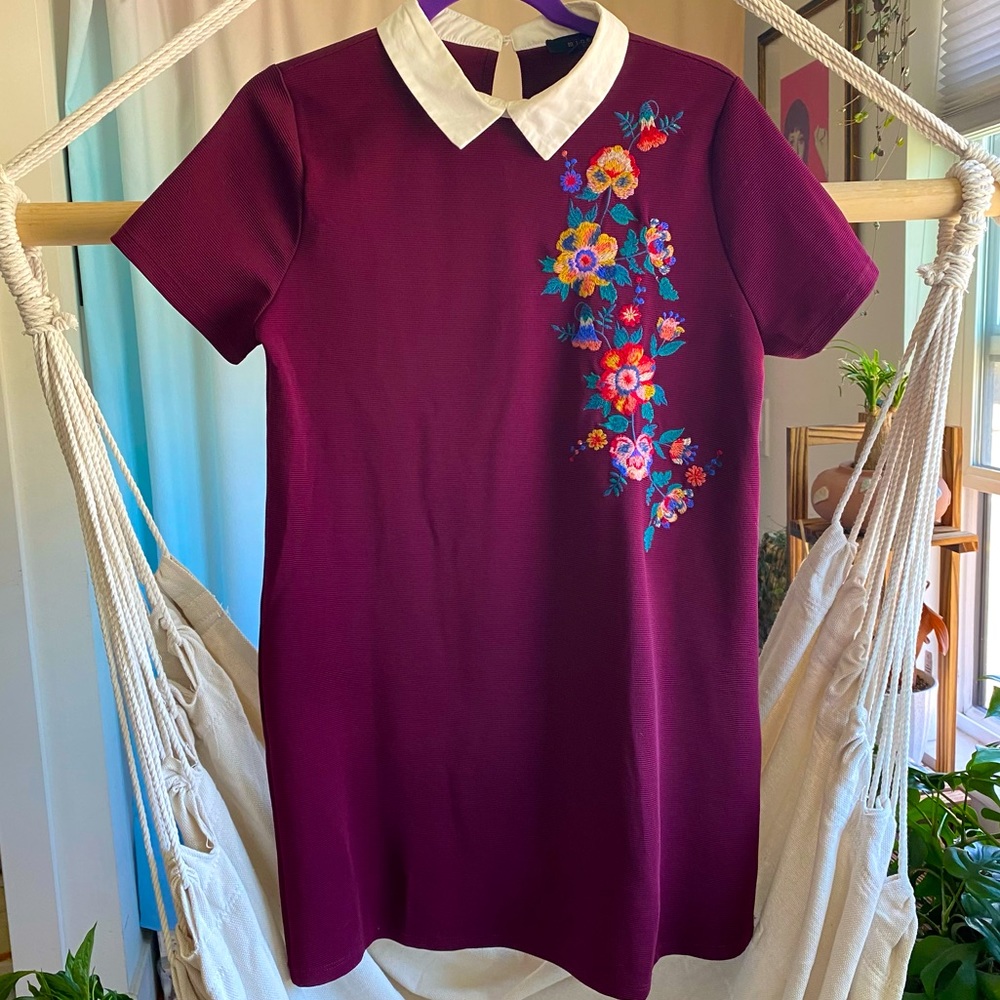 MINE Nordstrom Dress | Maroon Collared Dress | S | Like NEW | EMBROIDERED Floral